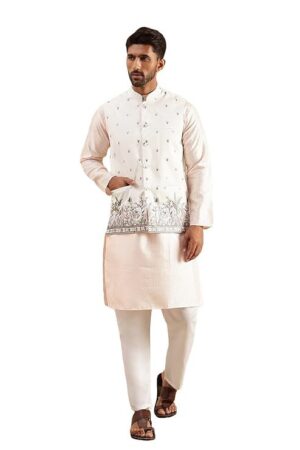 SOJANYA Men's Silk Blend Pink Kurta & White Pyjama With Daman Embroidered Nehru Jacket