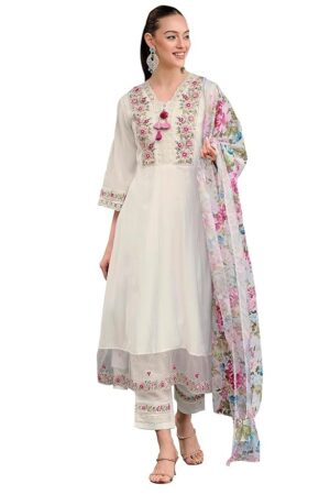 INDO ERA Women's Silk Blend Embroidered A-Line Kurta Pant with Dupatta Set
