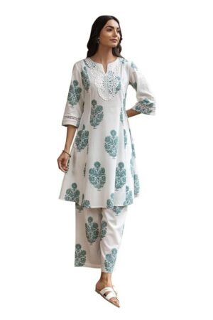 FIORRA Women's White Cotton Flared Kurta Set