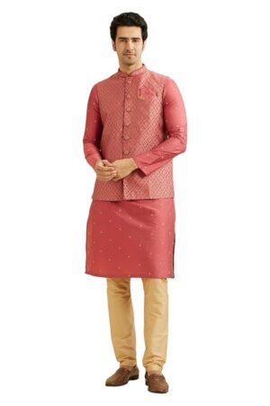 Men's Art Silk Embroidered Kurta Jacket Pyjama Set