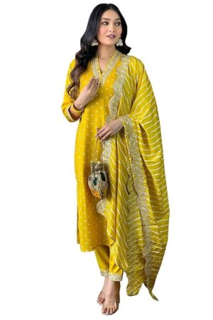 Naixa Women's Rayon Cotton Lining Embroidered Straight Kurta with Pant Dupatta Sets