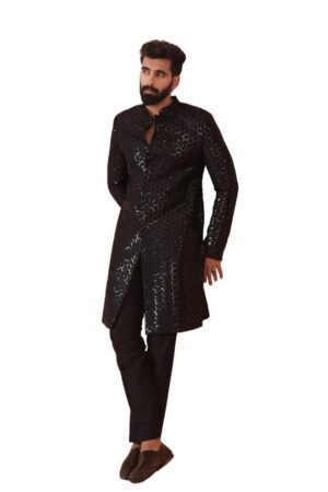 Men Black Embellished Indowestern Sherwani Trouser Set with Sequinned
