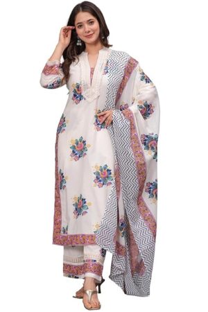 Amayra Women's Pure Cotton Printed Straight Kurta Set with Palazzo Pants & Dupatta- Ethnic Wear, White