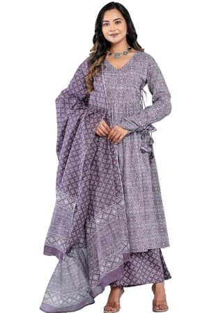Amayra Women's Pure Cotton Printed Anarkali Kurta Set with Palazzo Pants & Dupatta- Ethnic Wear