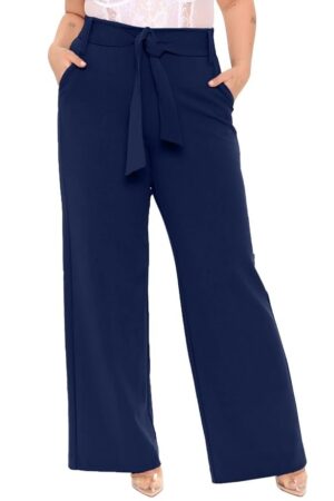 Plussclub Women's Trousers Plus Size Wide Leg Western Stylish Belted Palazzo Pants