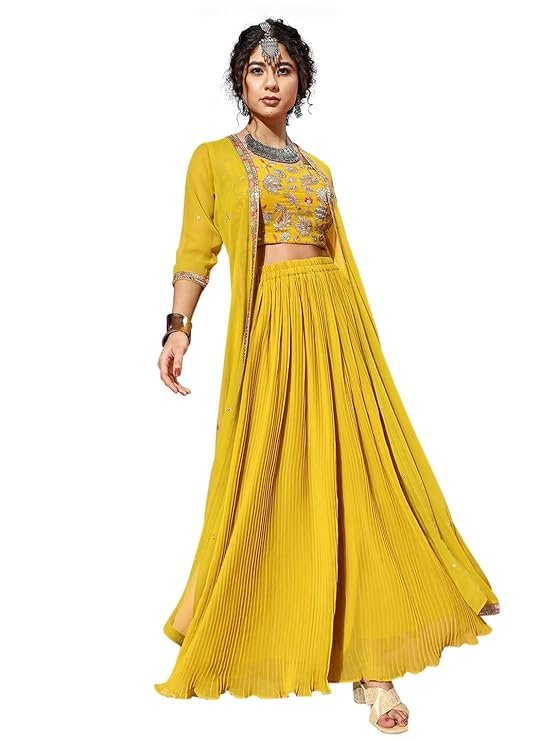 TRENDMALLS Women's Georgette Embroidery Crop Top with Flared Palazzo Shrug Set