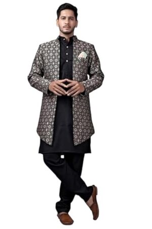 Amzira Men's Stylish Ethnic Wear Black Kurta Pajama Set with Long Jacket