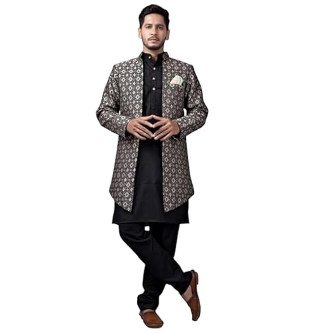 Amzira Men's Stylish Ethnic Wear Black Kurta Pajama Set with Long Jacket