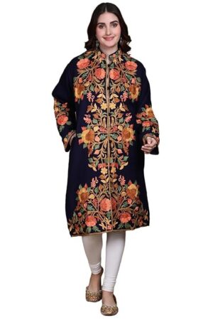 Exotic India Women's Kashmir Wool Long Jacket with Multicolor Floral Aari Embroidered | Beautiful Flower Embroidery Long Woolen Jacket, Coat For Winter