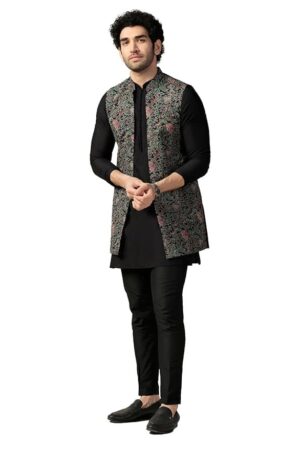Men's Kurta Jacket Trouser Set, Multi Cotton Blend, Printed Regular Fit Mandarin Collar Long Sleeves