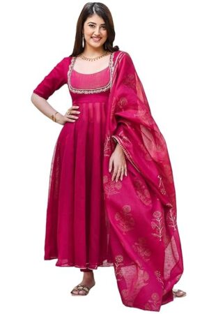 GoSriKi Women's Rayon Viscose Embroidered Anarkali Kurta with Pant & Dupatta