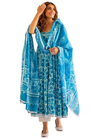 GoSriKi Women's Rayon Blend Printed Anarkali Kurta with Pant & Dupatta