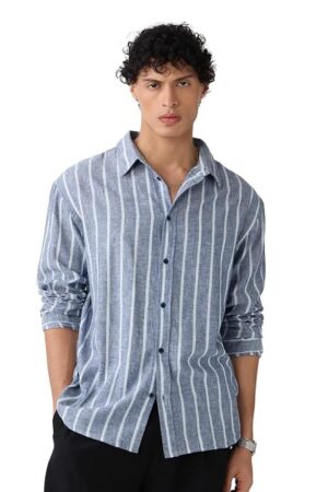 The Souled Store Cotton Linen Stripes: Nautical Men Boys Long Sleeves Collared Neck Button Front Grey Striped Regular Fit Lightweight Summer Cotton Linen Shirts