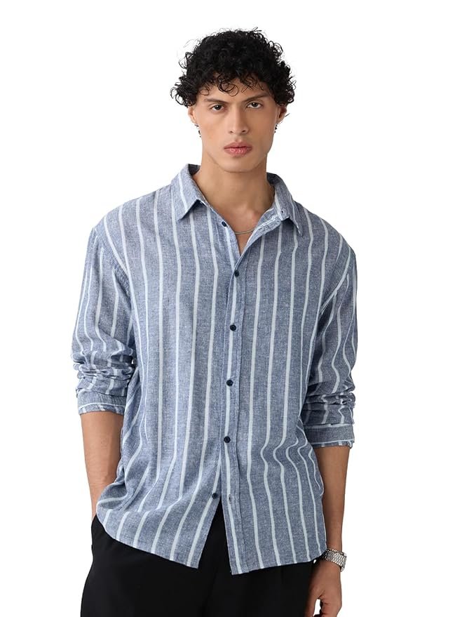 The Souled Store Cotton Linen Stripes: Nautical Men Boys Long Sleeves Collared Neck Button Front Grey Striped Regular Fit Lightweight Summer Cotton Linen Shirts