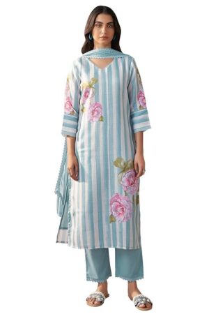 INDO ERA Women's Straight Linen Floral Print with Beads Work Kurta Pant with Dupatta Set