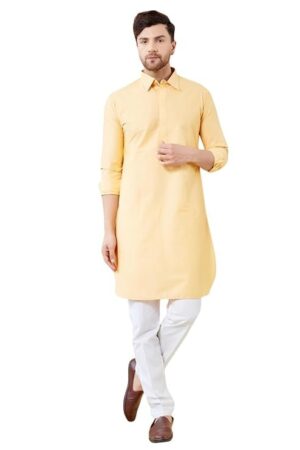 See Designs Men Cotton Solid Spread Collar Curved Hem Side Slit Full Sleeve Pathani Kurta with Pyjama