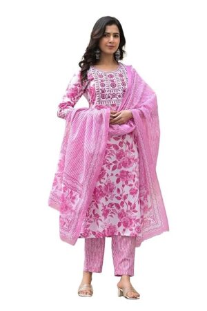 KLOSIA Women's Viscose Embroidery Floral Printed Anarkali Kurta Pant Set With Dupatta | Kurta Set | Ethnic Set | Dupatta Set | Wedding Suit | Suit Set |