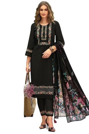 INDO ERA Women's Straight Linen Floral Embroidered Kurta Pant with Dupatta Set