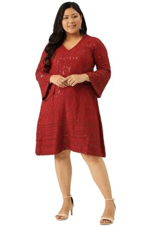 theRebelinme Plus Size Women's 4714QC_Red Solid Color Embroidered & Sequinned A-Line Dress