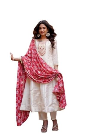 GEETHA CREATION Classic Red & Ivory Ethnic Dress for Women – Embroidered Silk Ensemble with Dupatta