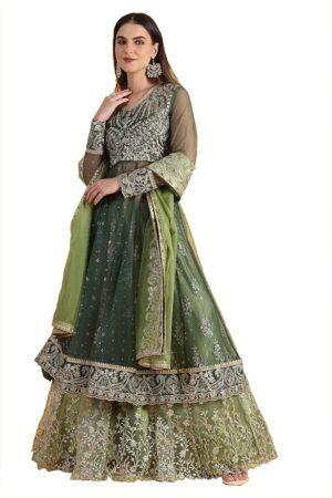 Wishful Women's Green Metallic Embroidery Mesh Flared Kurta & Skirt with Dupatta Set