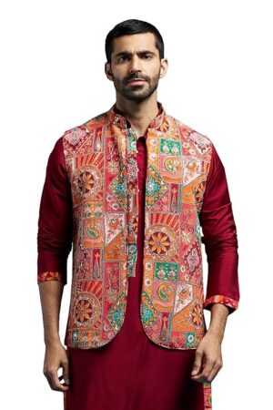 Men's Nehru Jacket | Allover Printed Embroidered Sequiend Nehru Jacket for Men | Perfect for Navratri