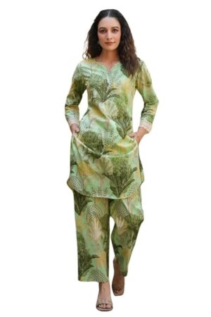 NAINVISH Women's Cotton Blend Green Printed V-Neck Co-ord Set | Daily & Casual Wear