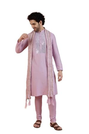 Men Onion Pink Embellished Kurta Churidar Dupatta Set with Mirror work