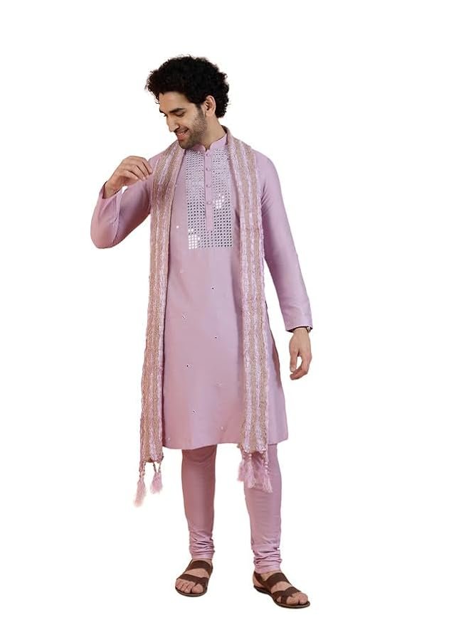 Men Onion Pink Embellished Kurta Churidar Dupatta Set with Mirror work
