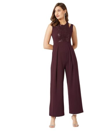 Miss Chase Women's Halter Neck Sleeveless Solid Wide Leg Sequin Paneled Regular Length Jumpsuit