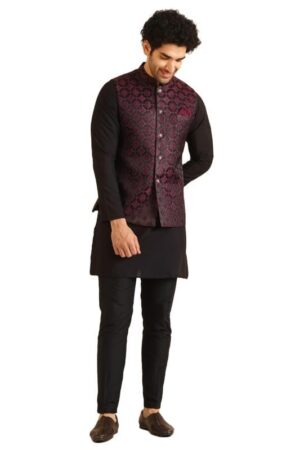 Men's Kurta Jacket Trouser Set, Burgundy Jacquard, Woven Design Regular Fit Mandarin Collar Long Sleeves
