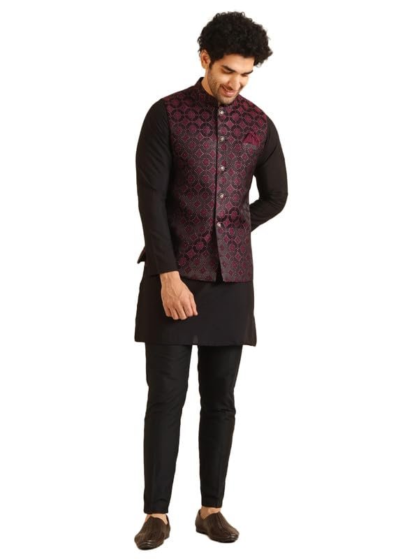 Men's Kurta Jacket Trouser Set, Burgundy Jacquard, Woven Design Regular Fit Mandarin Collar Long Sleeves