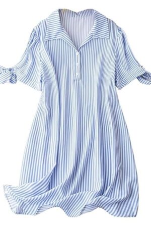 Leriya Fashion Striped Shirt Style Mini Dress for Women | Collared Casual A-Line | Tunic with Tie Sleeves & Front Buttons