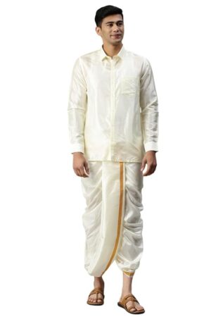 RAMRAJ COTTON traditional silk shirt full sleeve shirt jari border dhoti for men