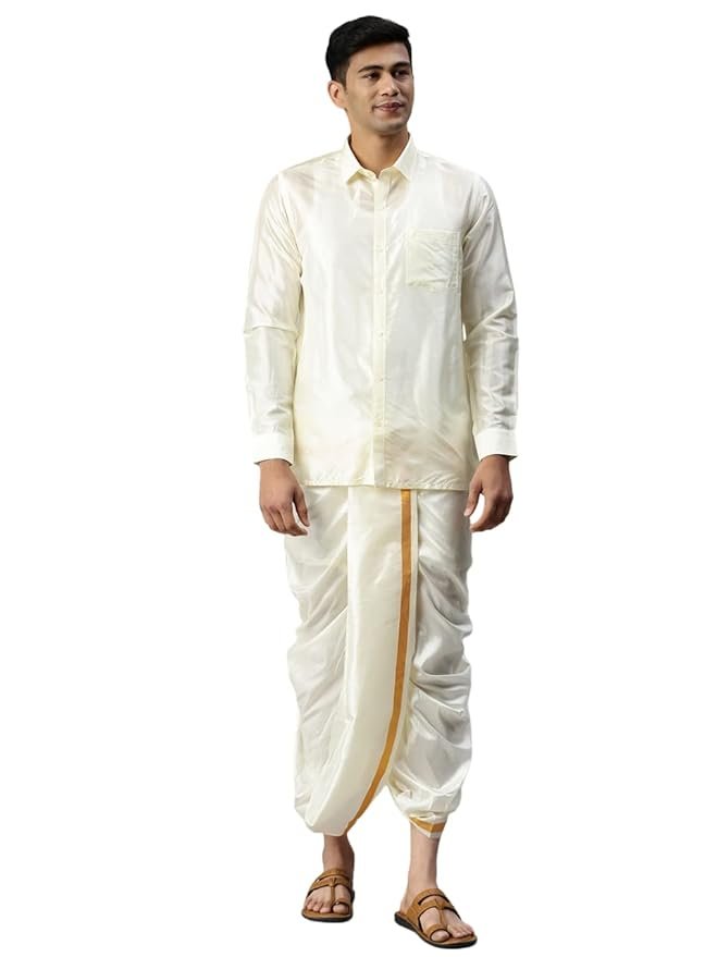 RAMRAJ COTTON traditional silk shirt full sleeve shirt jari border dhoti for men