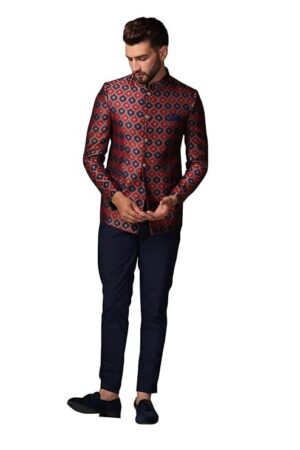 Mens Jodhpuri Bandhgala Trouser Set Silk Blend Jacquard, Ethnic Wear for Men, Maroon
