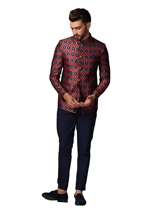 Mens Jodhpuri Bandhgala Trouser Set Silk Blend Jacquard, Ethnic Wear for Men, Maroon