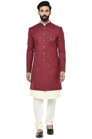 Men Maroon Solid Kurta Indo-Western Sherwani Set Indo-Western, Full Sleaves, Knee Length, Straight, Regular Fit, Mandarin Collar Ethnic wear