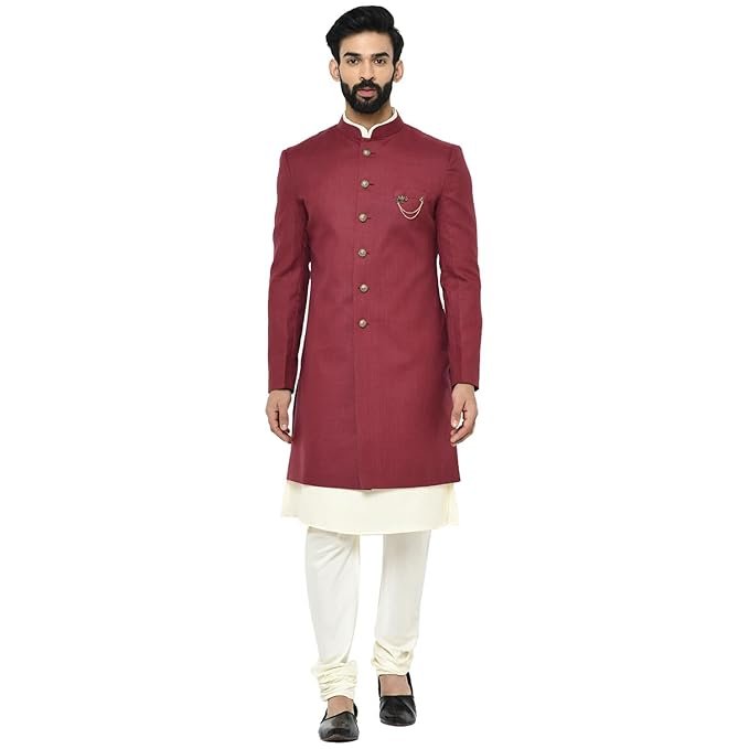 Men Maroon Solid Kurta Indo-Western Sherwani Set Indo-Western, Full Sleaves, Knee Length, Straight, Regular Fit, Mandarin Collar Ethnic wear