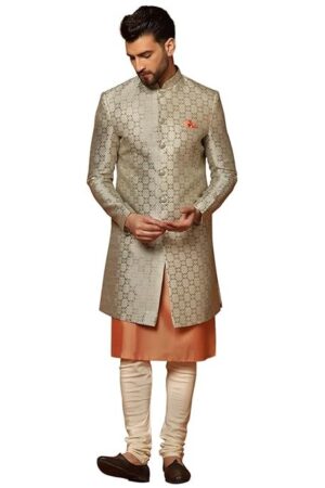 Men's Grey Orange Indo-Western Kurta Sherwani Churidar Set Cotton Full Sleaves, Knee Length, Straight, Regular Fit, Mandarin Collar Ethnic Wear