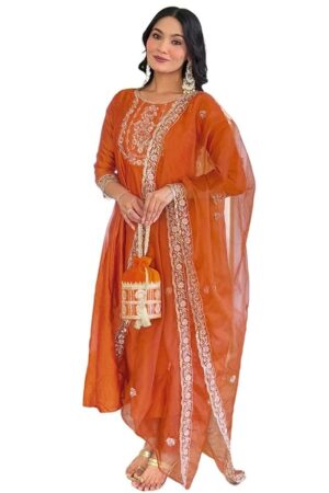 Naixa Women's Vichitra Silk Embroidered Straight Kurta with Pant Dupatta Sets