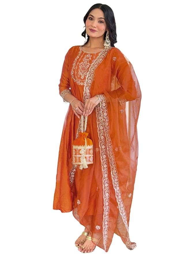 Naixa Women's Vichitra Silk Embroidered Straight Kurta with Pant Dupatta Sets