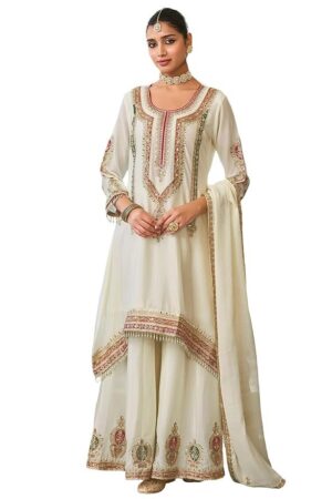 INDO ERA Women's A-Line Chinon Ethnic Motifs Embroidered Kurta & Palazzo with Dupatta Set