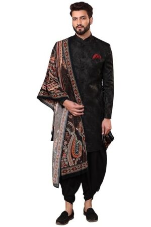 Indowestern Men's Ethnic Wear Silk Blend Woven Design Regular Fit Black Indo-Western Sherwani Set Indo-Western