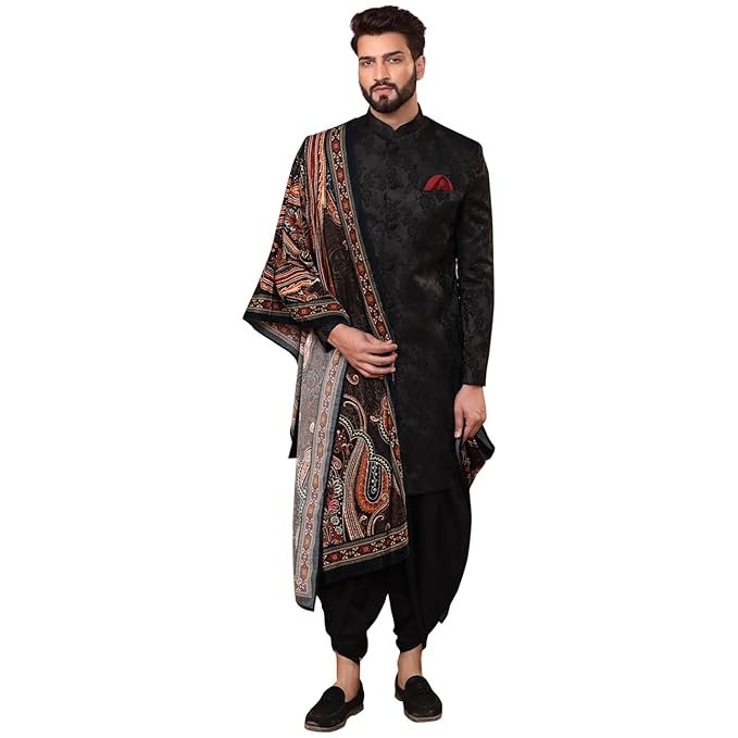 Indowestern Men's Ethnic Wear Silk Blend Woven Design Regular Fit Black Indo-Western Sherwani Set Indo-Western