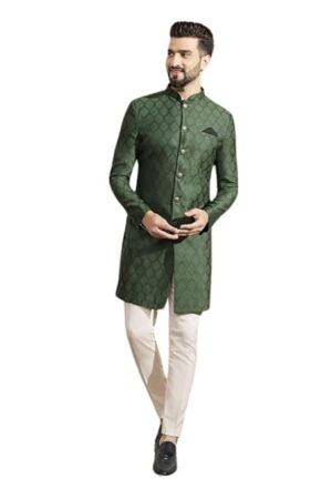 Men's Indo-Western Sherwani Trouser Set, Olive Silk Blend, Woven Design Regular Fit Mandarin Collar Long Sleeves