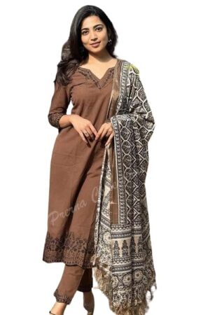 ADINATH-TRADERS Women Pure Cotton Brown Kurti Pant Dupatta Set