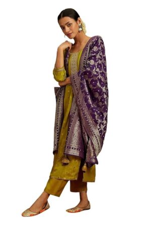 Libas Green Self Design Silk Straight Kurta With Trousers & Dupatta