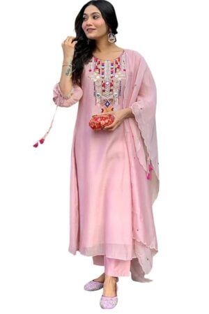 NAIKU TRADERS Women's Cotton Mirror Work Embroidered Straight Kurti with Pant Dupatta Set