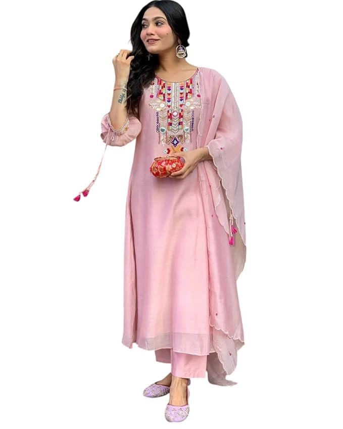 NAIKU TRADERS Women's Cotton Mirror Work Embroidered Straight Kurti with Pant Dupatta Set